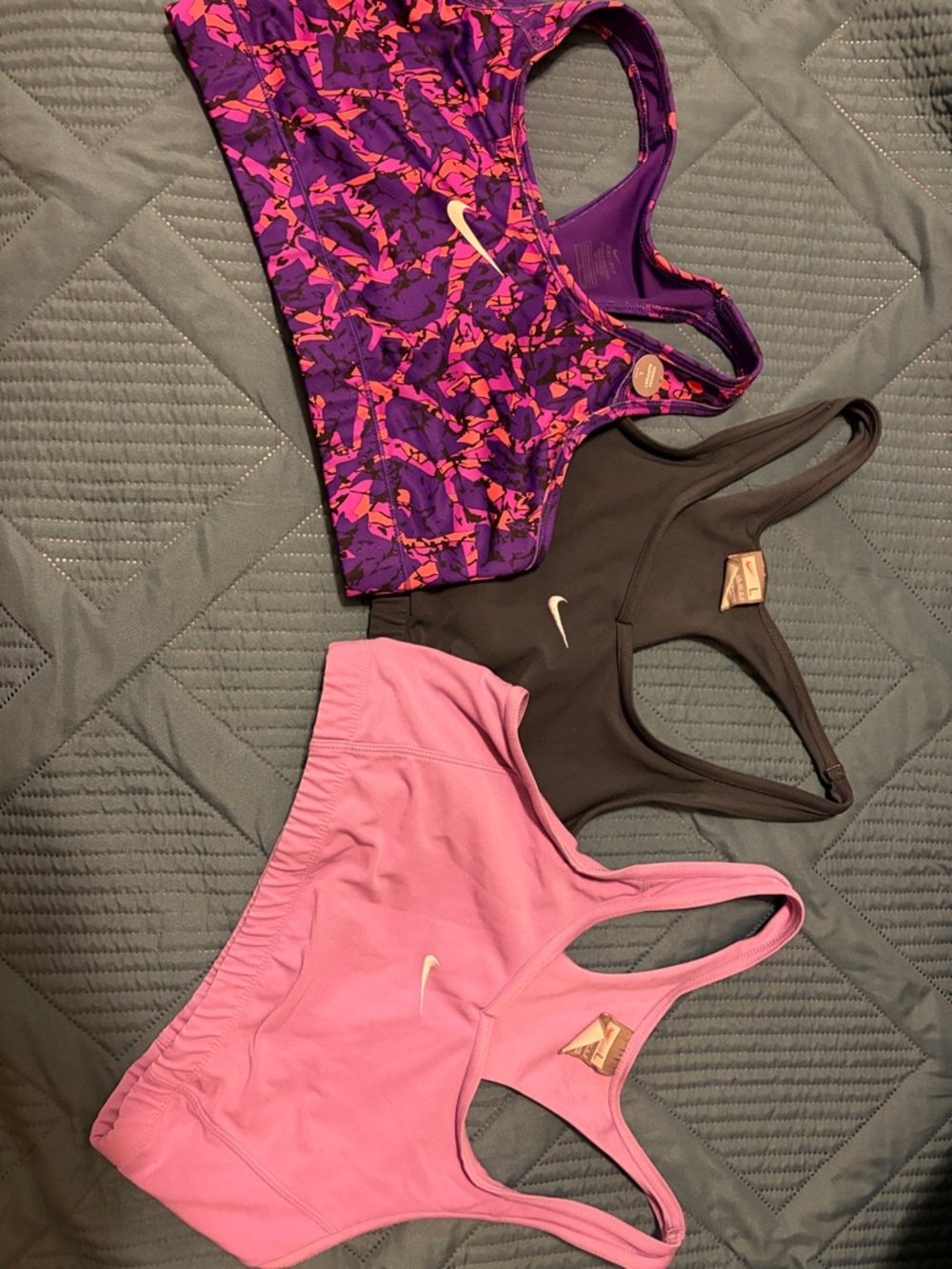 Nike Women's Three-Pack Sports Bras - Purple Pattern, Black, Pink